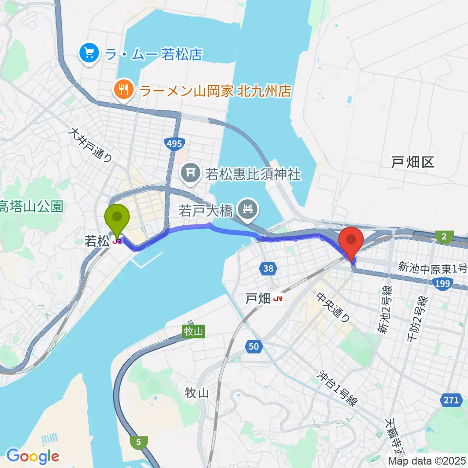 若松駅からスタジオ アビーロード戸畑店へのルートマップ地図