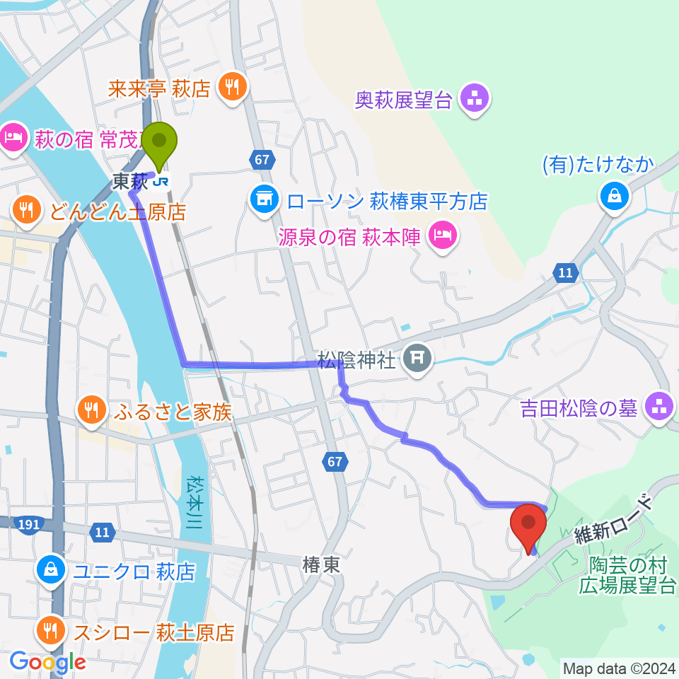 スタジオ・サウンドホリックの最寄駅東萩駅からの徒歩ルート（約25分）地図