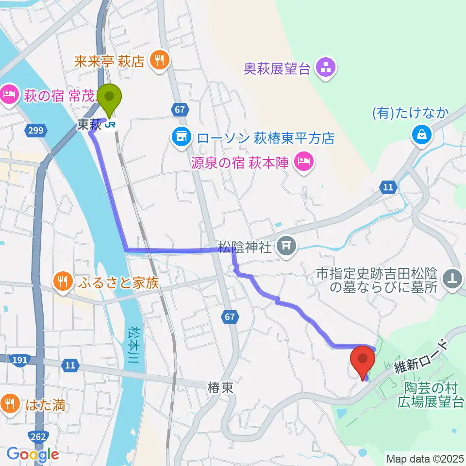 スタジオ・サウンドホリックの最寄駅東萩駅からの徒歩ルート（約25分）地図