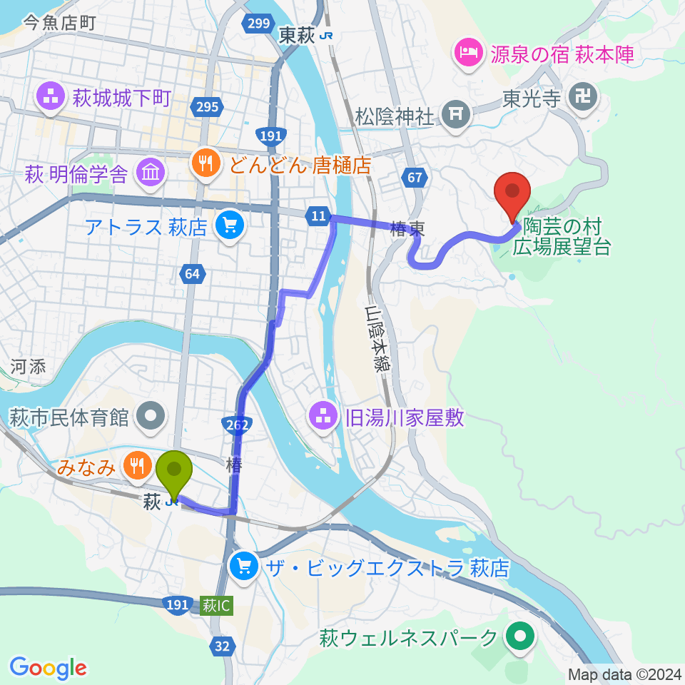 萩駅からスタジオ・サウンドホリックへのルートマップ地図