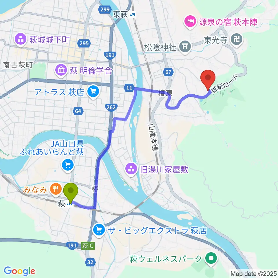 萩駅からスタジオ・サウンドホリックへのルートマップ地図