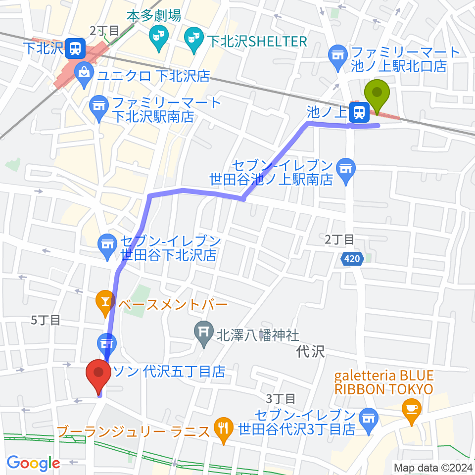池ノ上駅からフォルテ楽器へのルートマップ地図