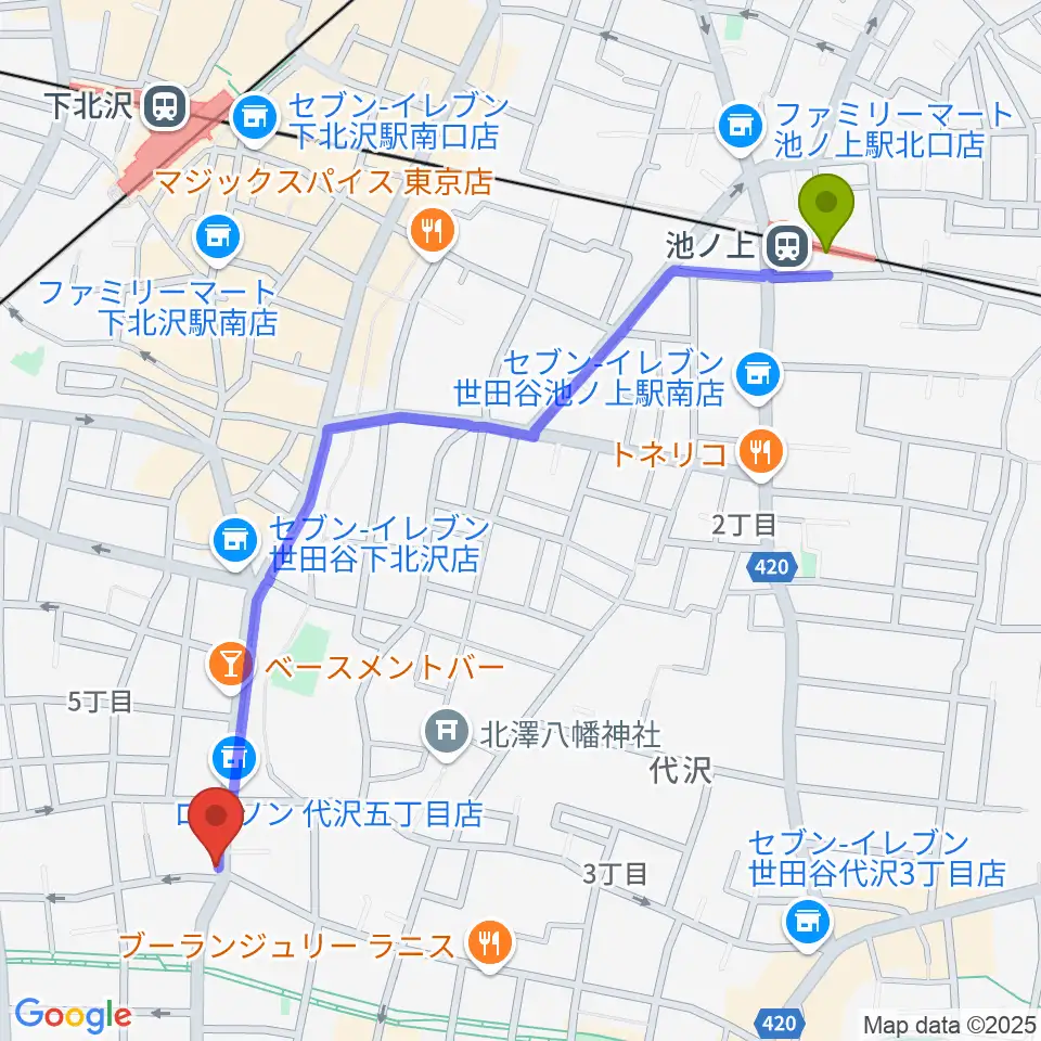 池ノ上駅からフォルテ楽器へのルートマップ地図