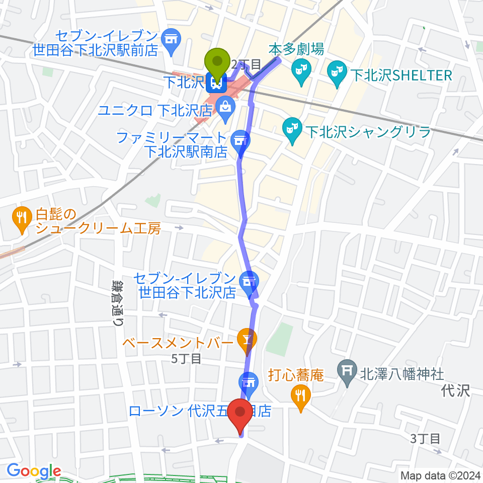 下北沢駅からフォルテ楽器へのルートマップ地図