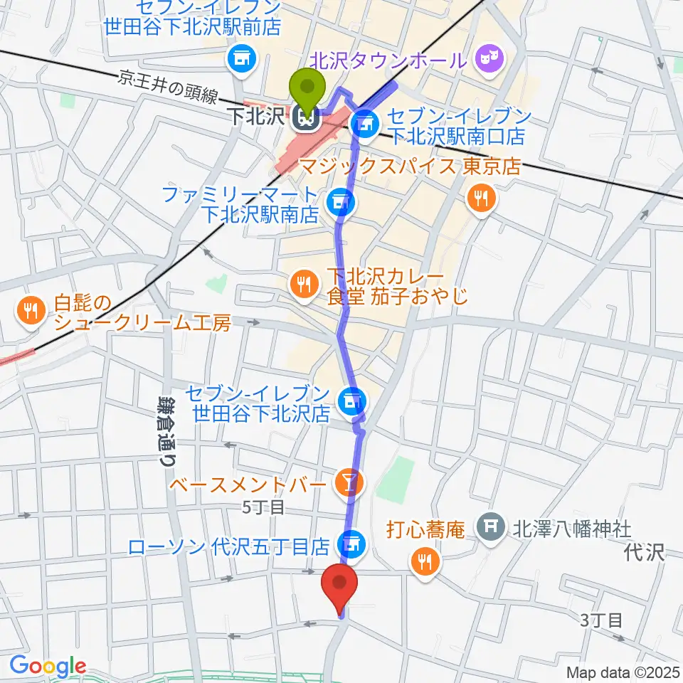 下北沢駅からフォルテ楽器へのルートマップ地図