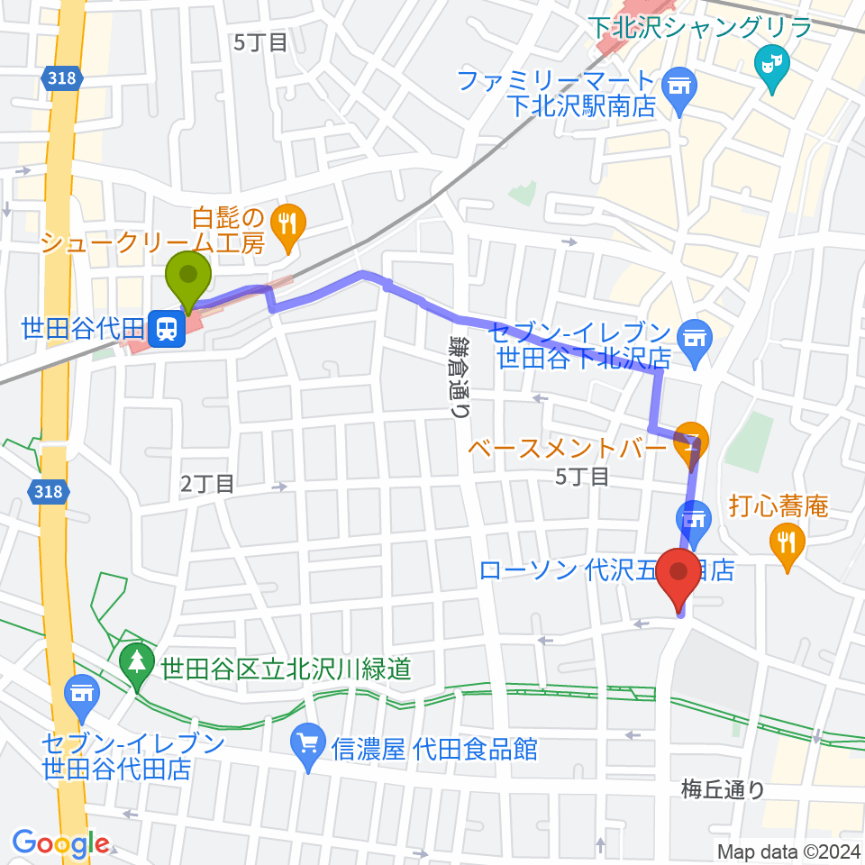 フォルテ楽器の最寄駅世田谷代田駅からの徒歩ルート（約10分）地図