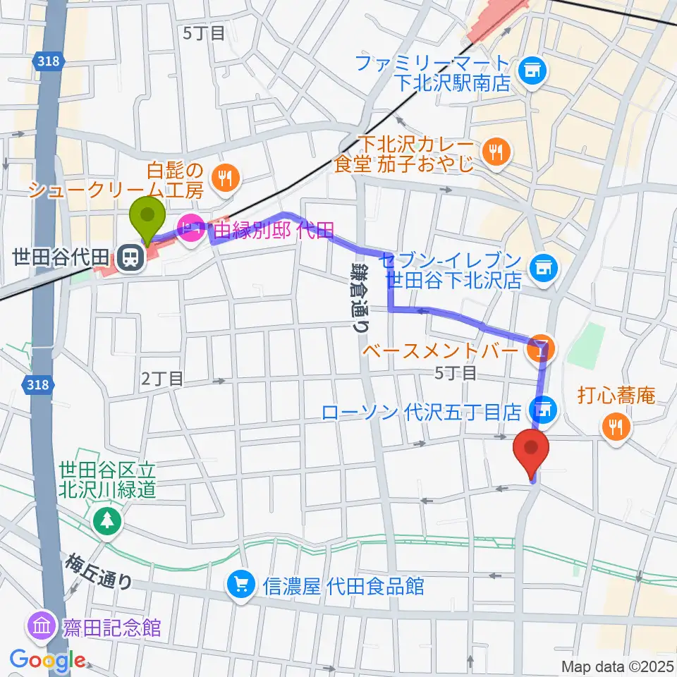 フォルテ楽器の最寄駅世田谷代田駅からの徒歩ルート（約10分）地図