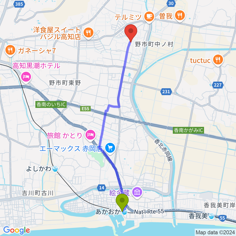 あかおか駅から有限会社ネス（NESS）スタジオへのルートマップ地図