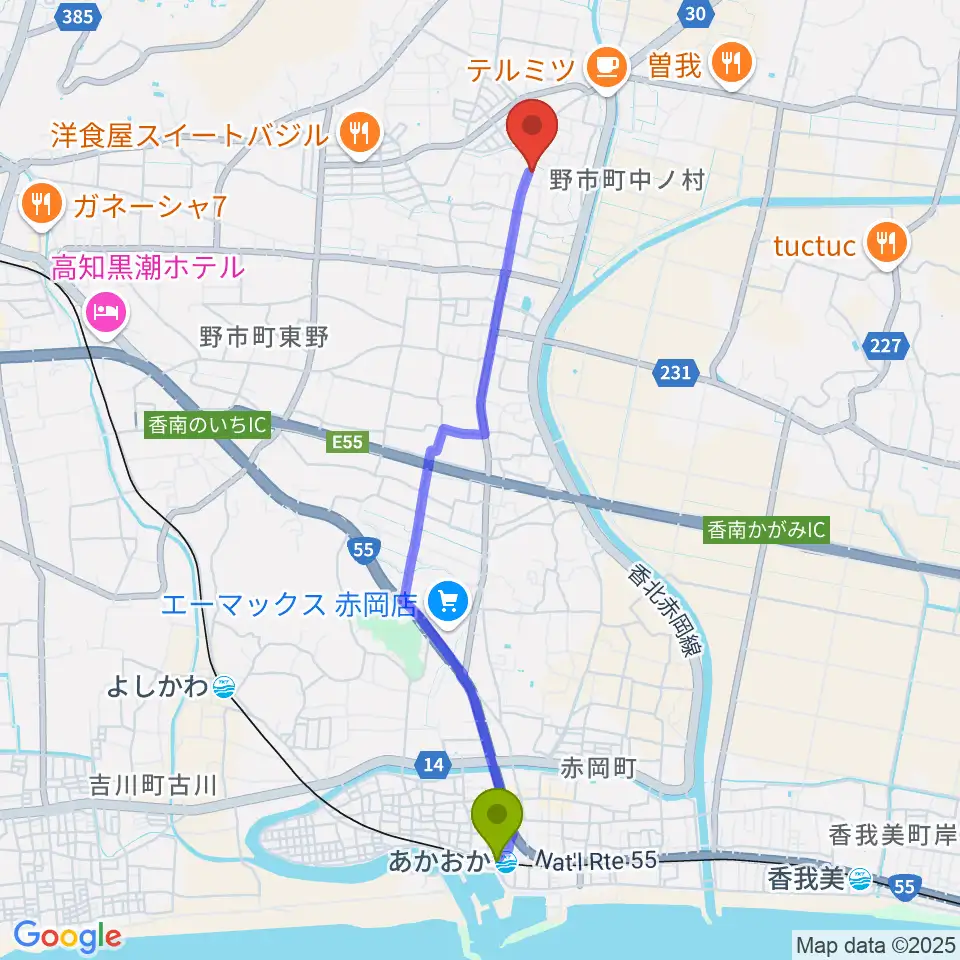 あかおか駅から有限会社ネス（NESS）スタジオへのルートマップ地図