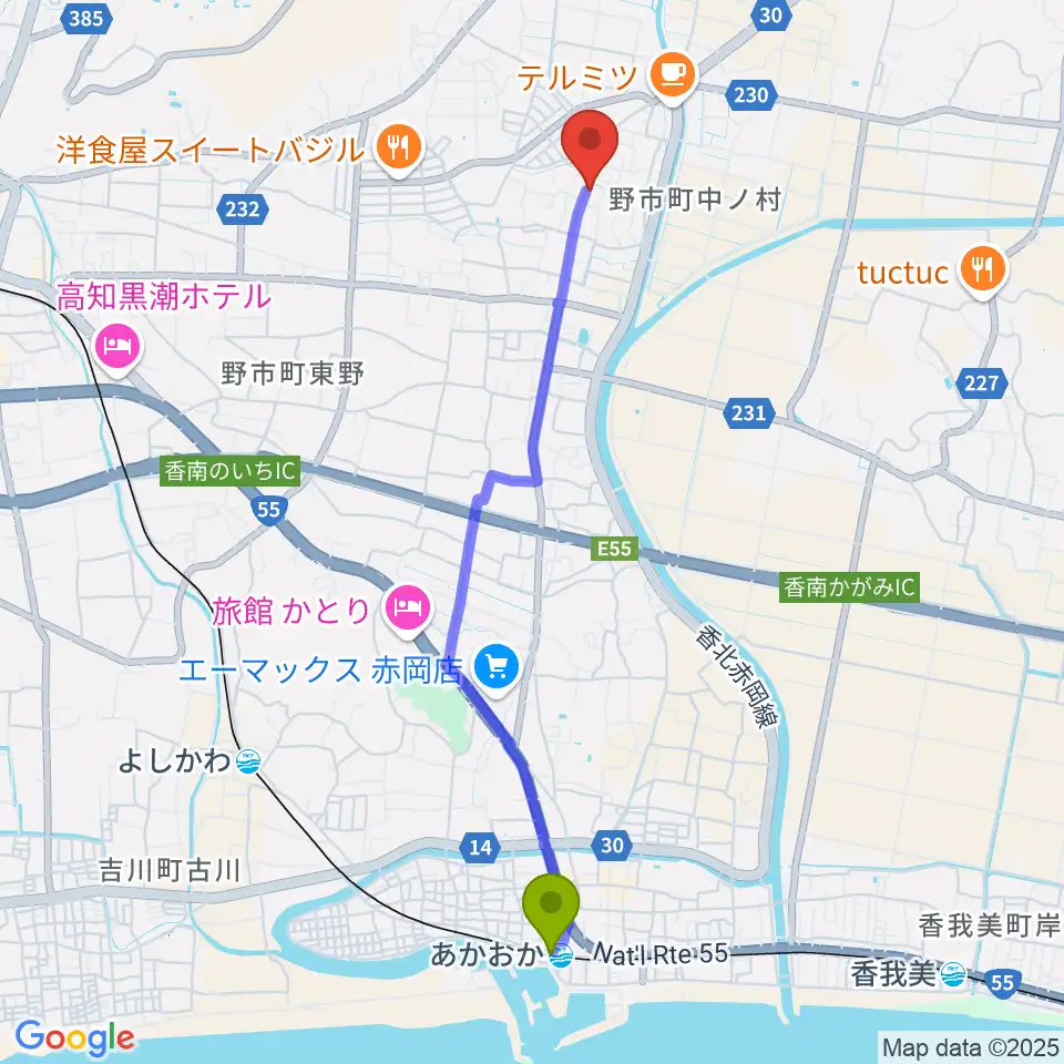 あかおか駅から有限会社ネス・スタジオへのルートマップ地図