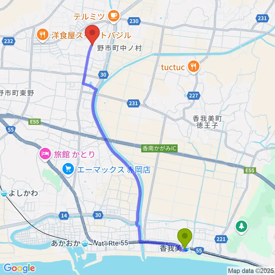 香我美駅から有限会社ネス・スタジオへのルートマップ地図