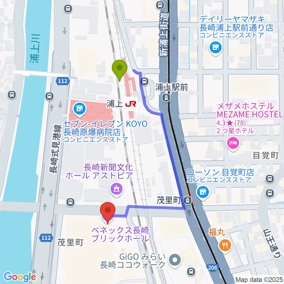 浦上駅からベネックス長崎ブリックホールへのルートマップ地図