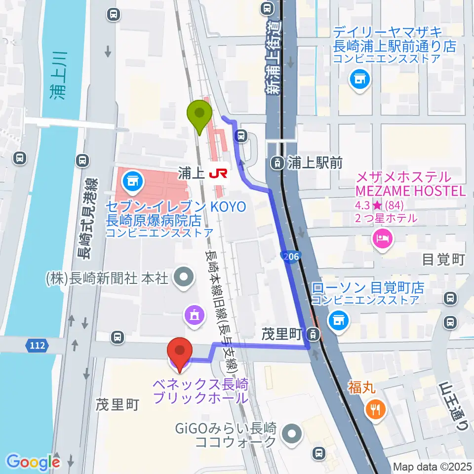 浦上駅からベネックス長崎ブリックホールへのルートマップ地図