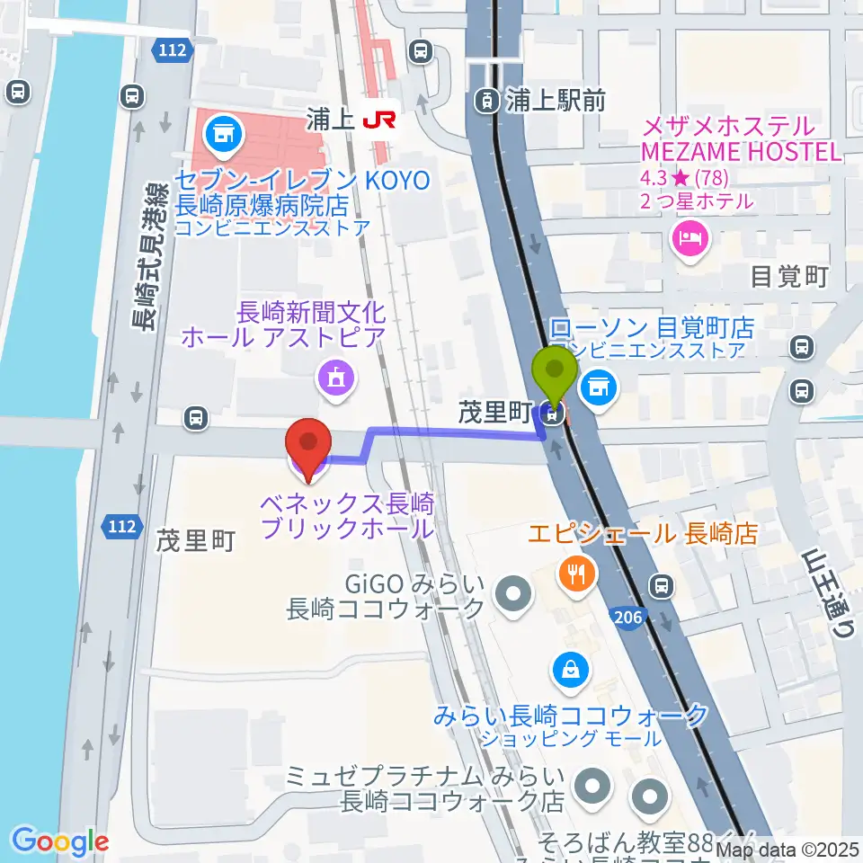 ベネックス長崎ブリックホールの最寄駅茂里町駅からの徒歩ルート（約2分）地図