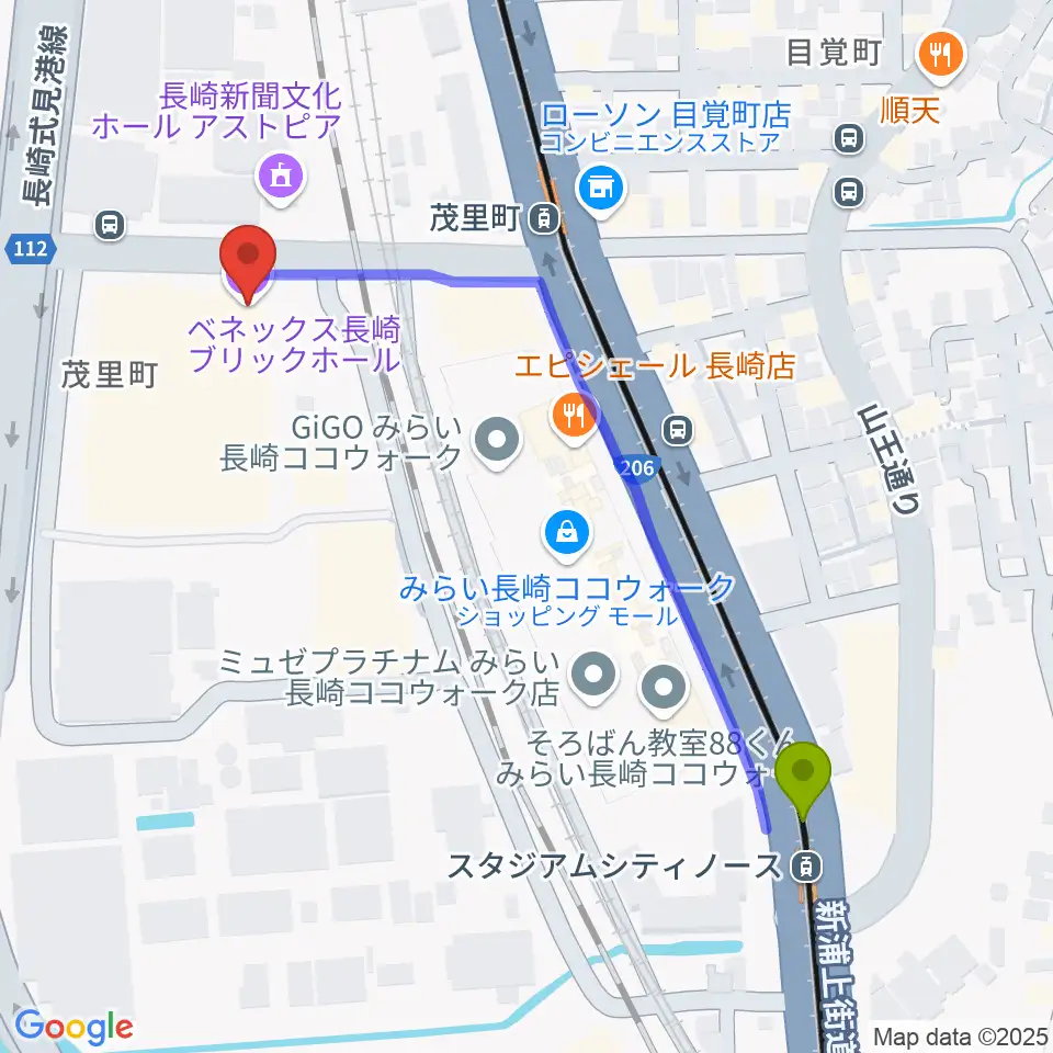 銭座町駅からベネックス長崎ブリックホールへのルートマップ地図