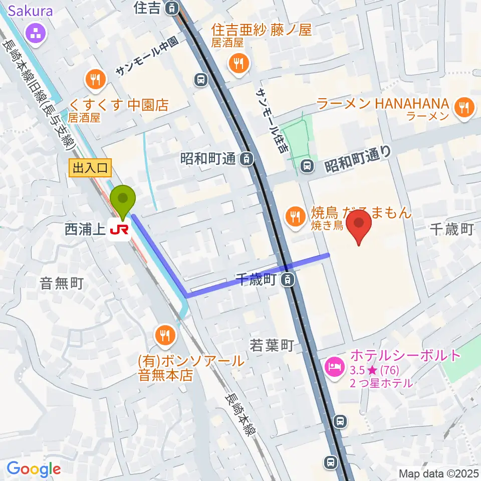 西浦上駅から長崎市チトセピアホールへのルートマップ地図