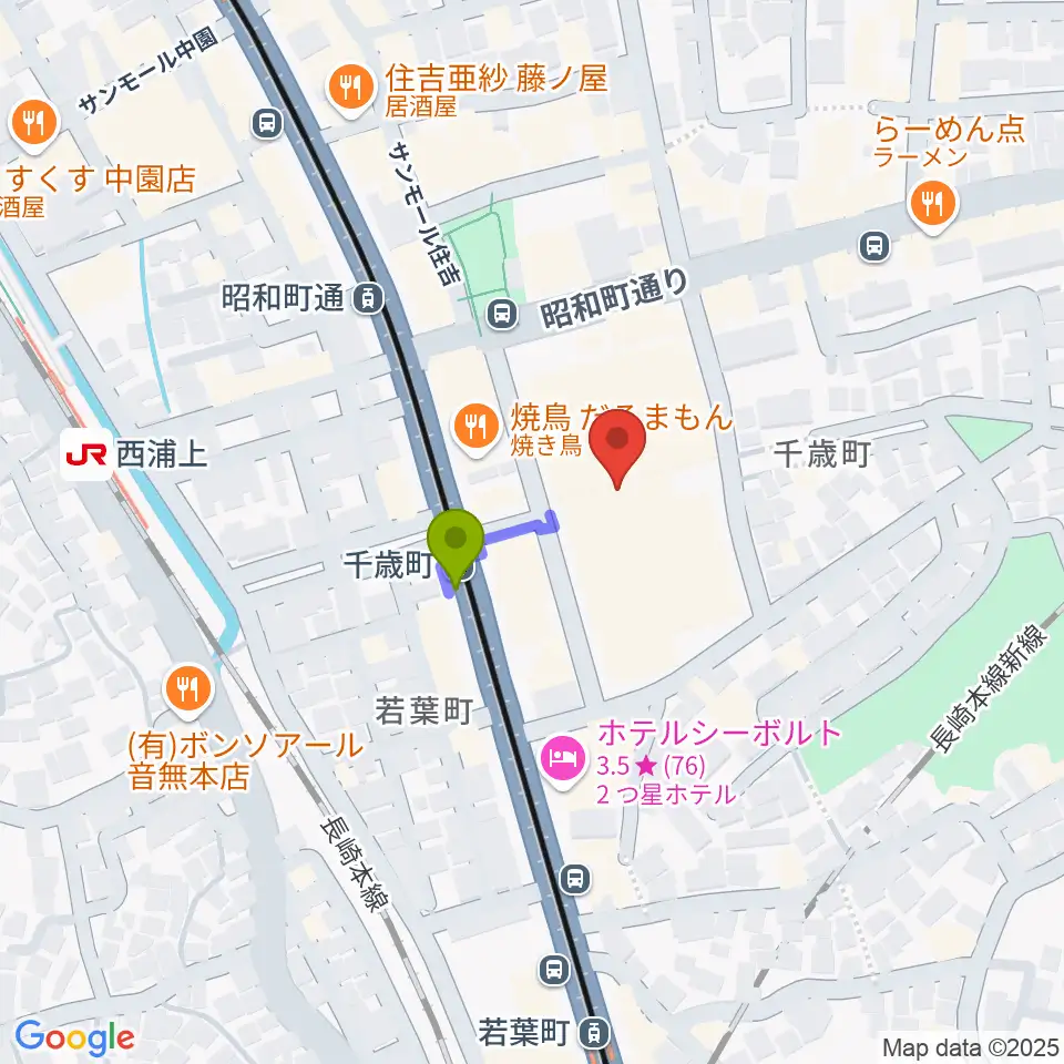 長崎市チトセピアホールの最寄駅千歳町駅からの徒歩ルート（約1分）地図