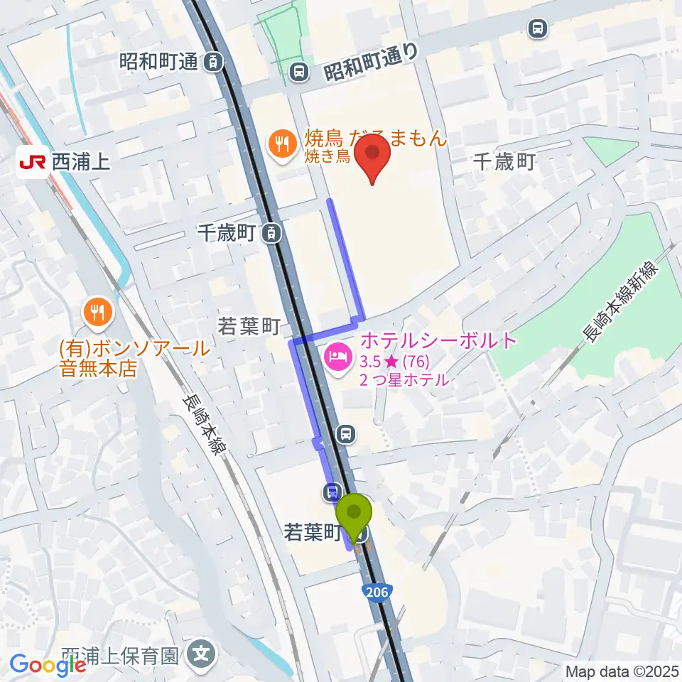 若葉町駅から長崎市チトセピアホールへのルートマップ地図