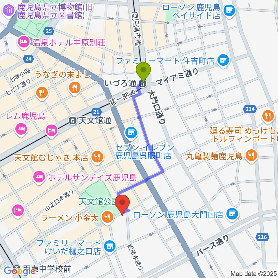 いづろ通駅から鹿児島スピードキングへのルートマップ地図