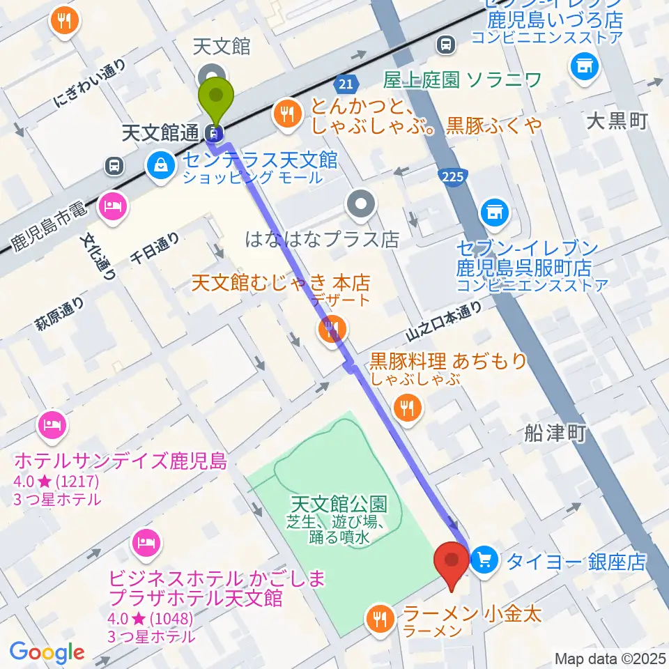 鹿児島スピードキングの最寄駅天文館通駅からの徒歩ルート（約6分）地図