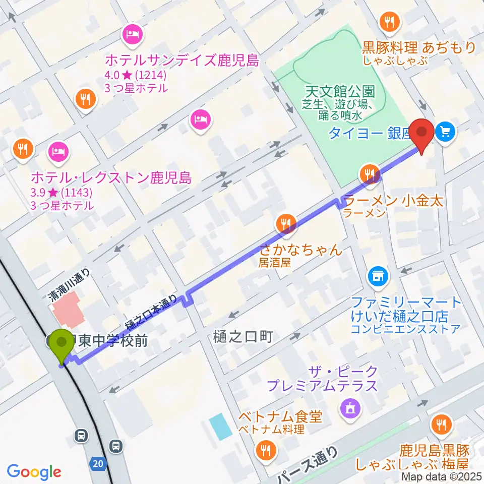 甲東中学校前駅から鹿児島スピードキングへのルートマップ地図