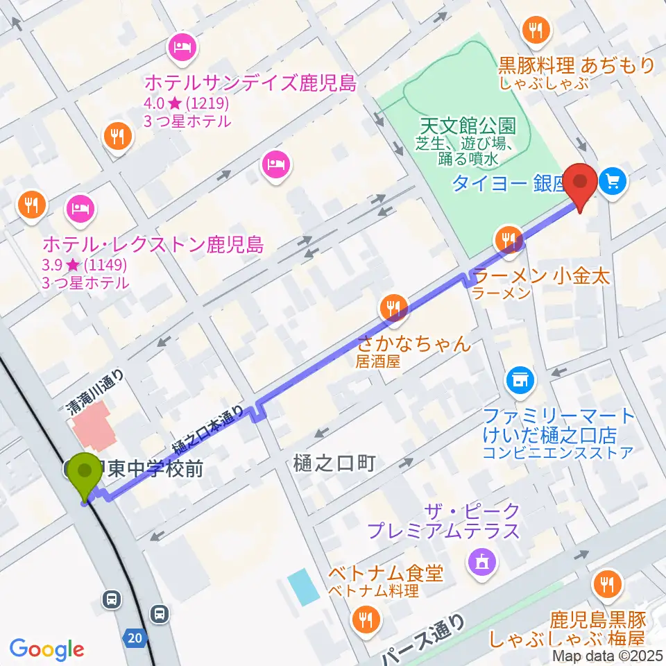 甲東中学校前駅から鹿児島スピードキングへのルートマップ地図