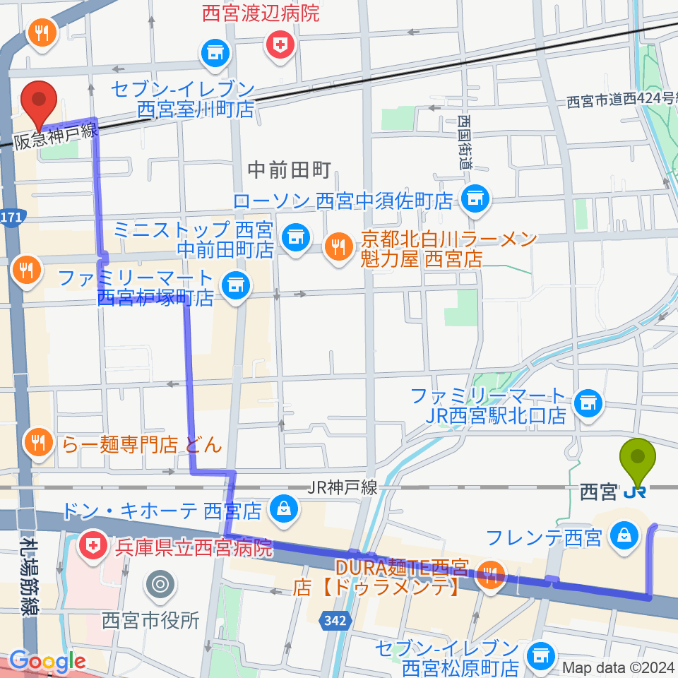 西宮駅から音楽スタジオ モンジャクシンへのルートマップ地図