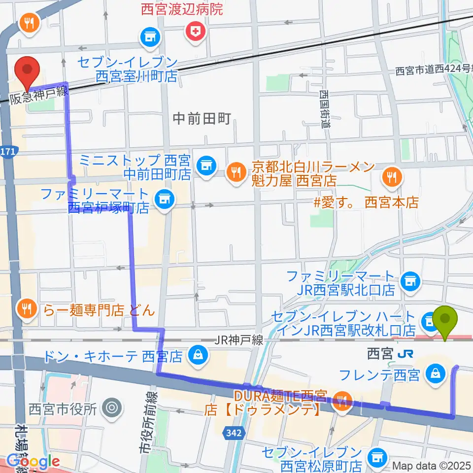 西宮駅から音楽スタジオ モンジャクシンへのルートマップ地図