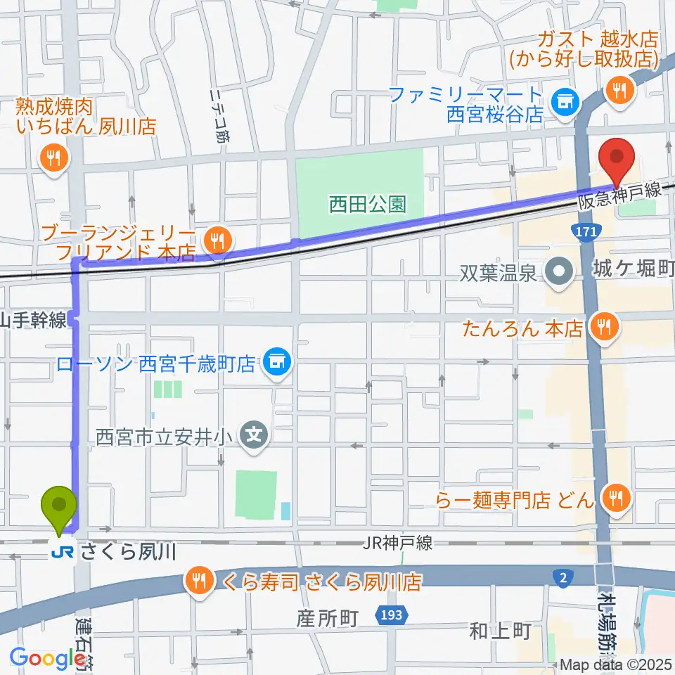 さくら夙川駅から音楽スタジオ モンジャクシンへのルートマップ地図