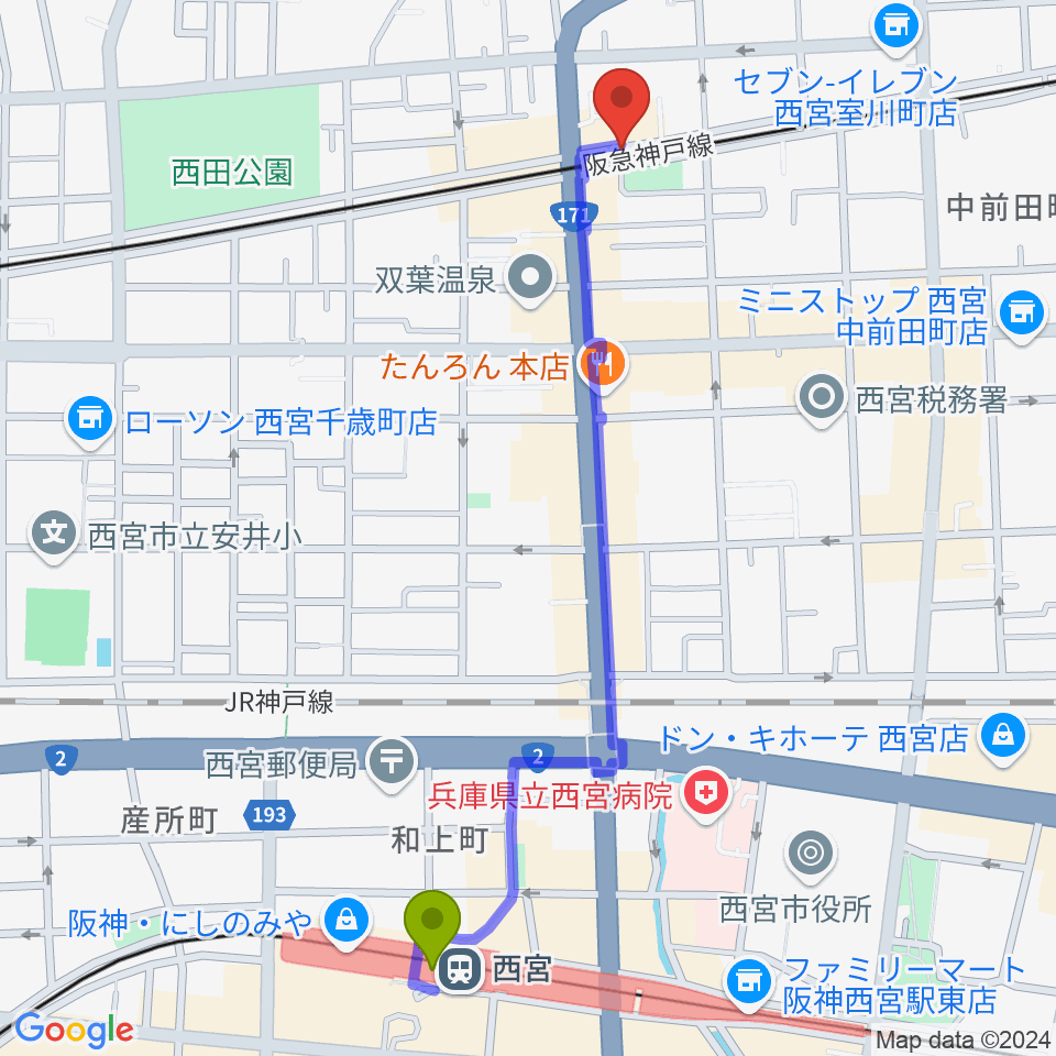 音楽スタジオ モンジャクシンの最寄駅西宮駅からの徒歩ルート（約12分）地図