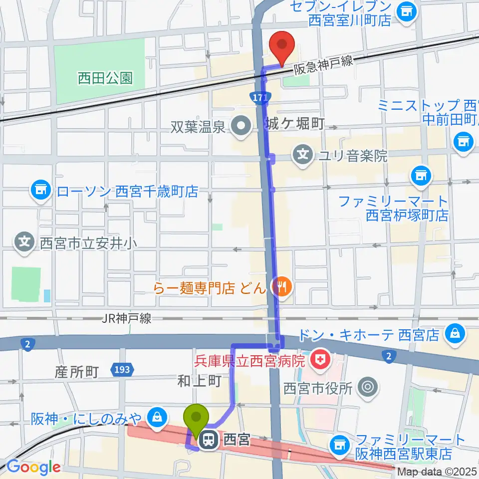 音楽スタジオ モンジャクシンの最寄駅西宮駅からの徒歩ルート（約12分）地図