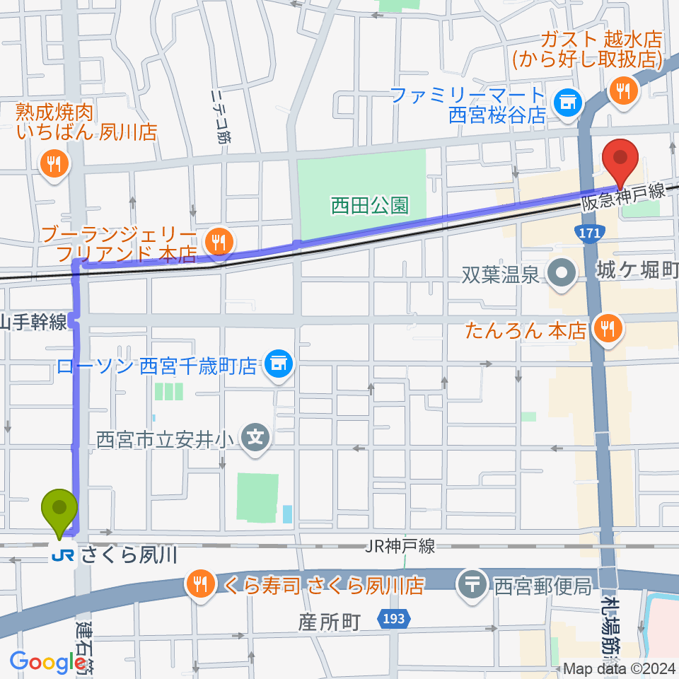 さくら夙川駅から西宮モンジャクシンへのルートマップ地図