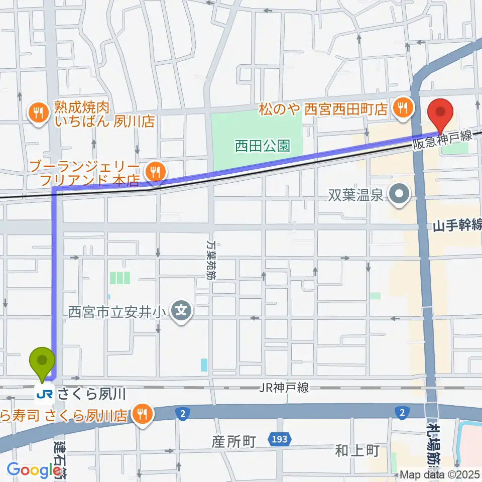 さくら夙川駅から西宮モンジャクシンへのルートマップ地図