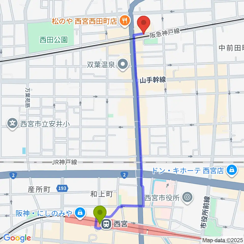 西宮モンジャクシンの最寄駅西宮駅からの徒歩ルート（約12分）地図