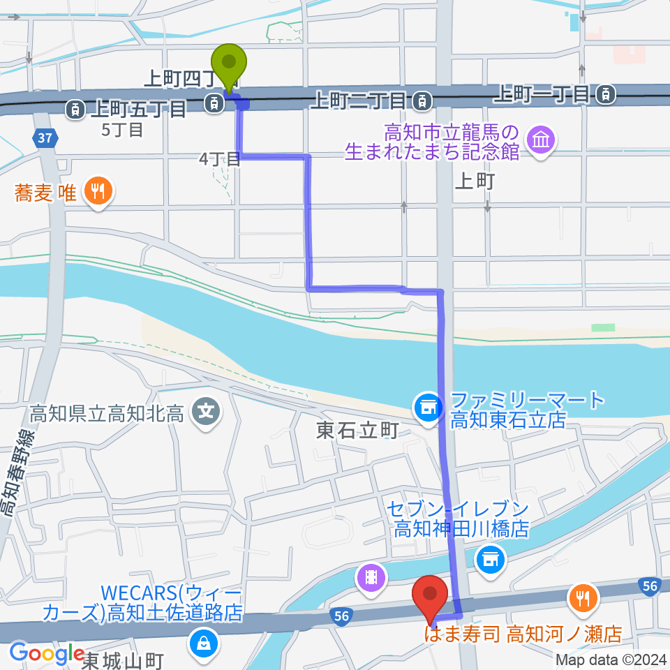 上町四丁目駅からTOP BAND（トップバンド）へのルートマップ地図