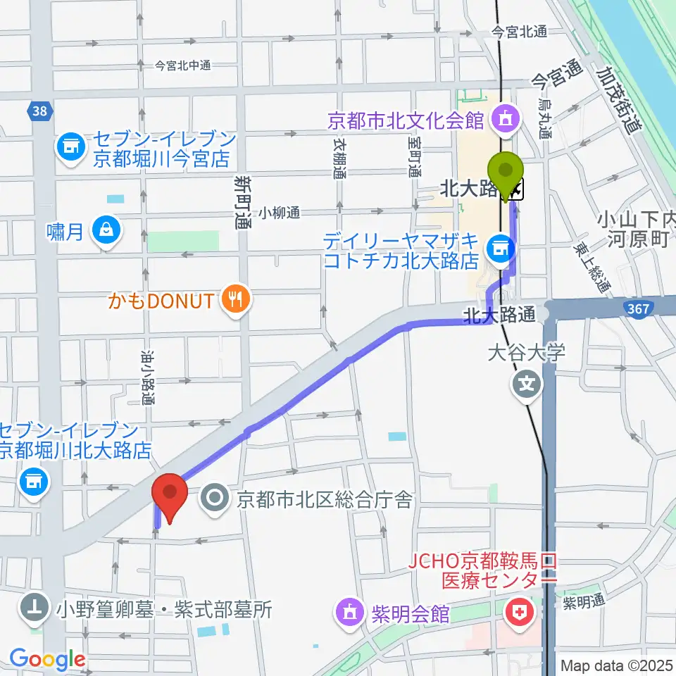 京都市北青少年活動センターの最寄駅北大路駅からの徒歩ルート（約11分）地図