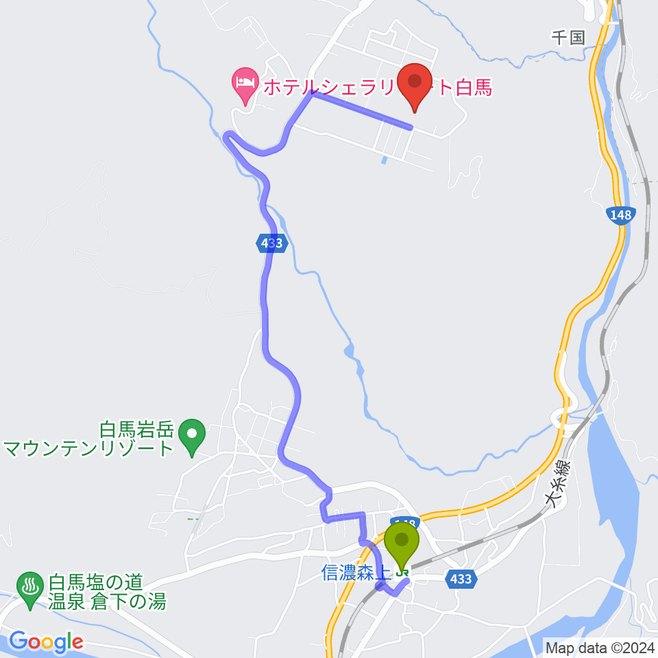 信濃森上駅から白馬アコースティックへのルートマップ地図