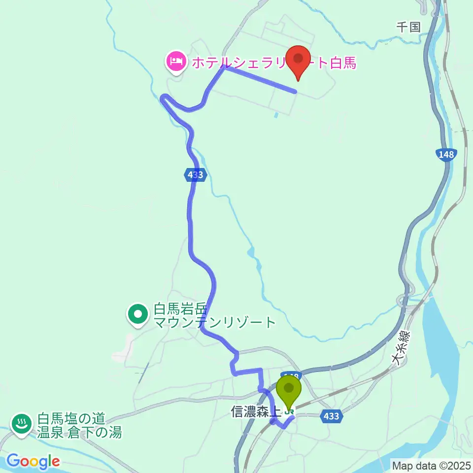 信濃森上駅から白馬アコースティックへのルートマップ地図