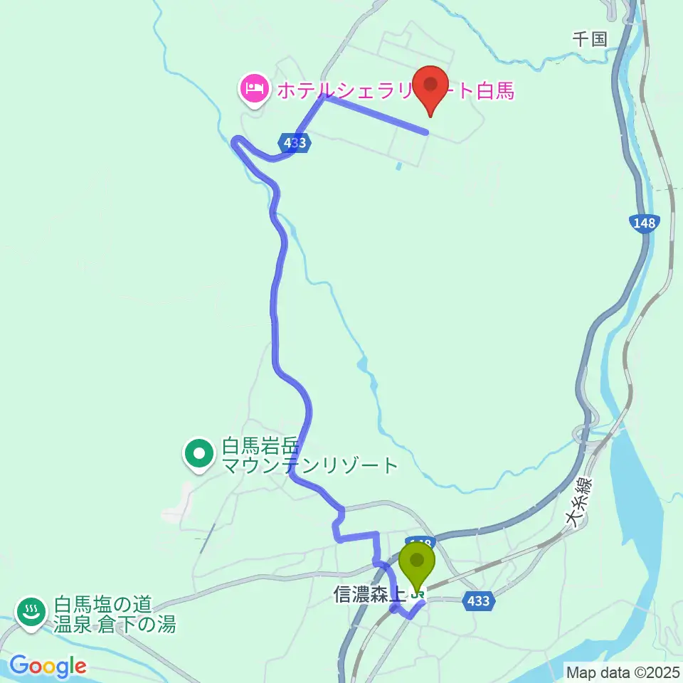 信濃森上駅から白馬アコースティックへのルートマップ地図