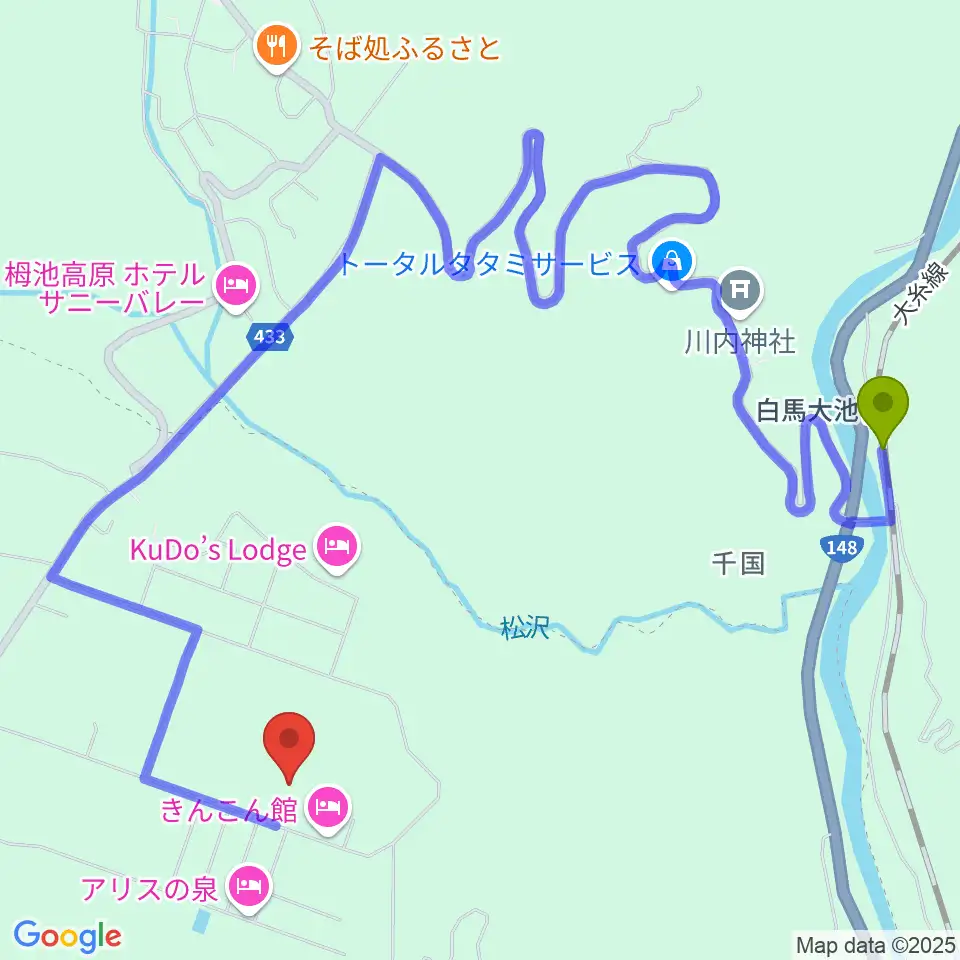 白馬アコースティックの最寄駅白馬大池駅からの徒歩ルート（約22分）地図