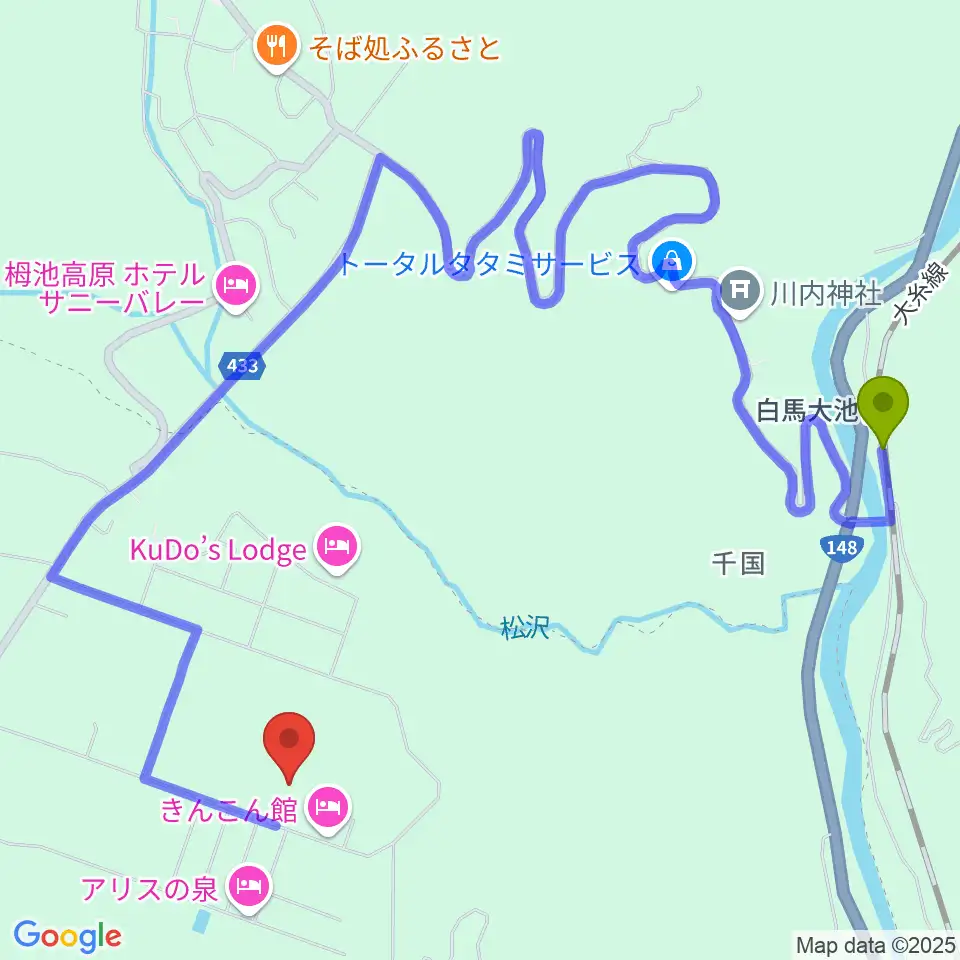 白馬アコースティックの最寄駅白馬大池駅からの徒歩ルート（約22分）地図