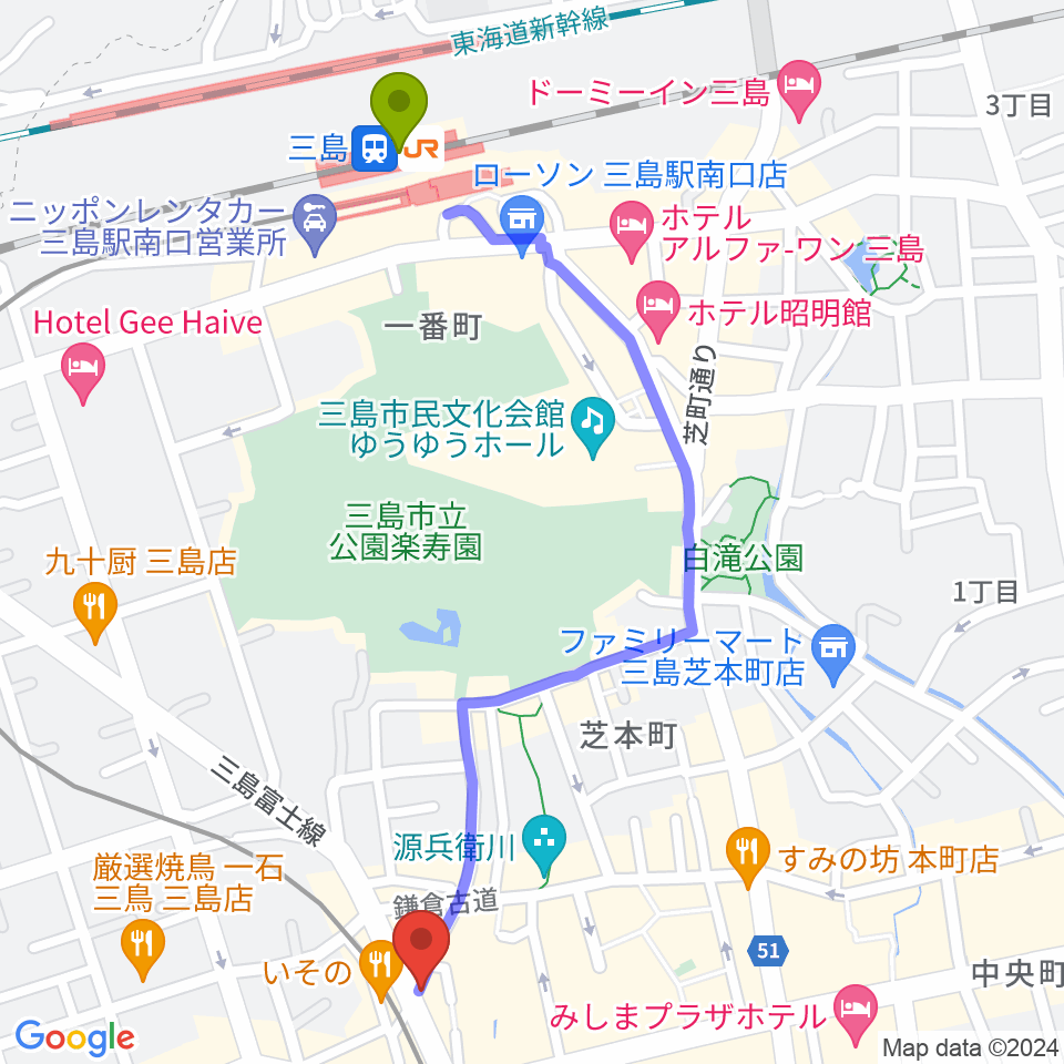 三島駅からSTUDIO O&K 三島店へのルートマップ地図
