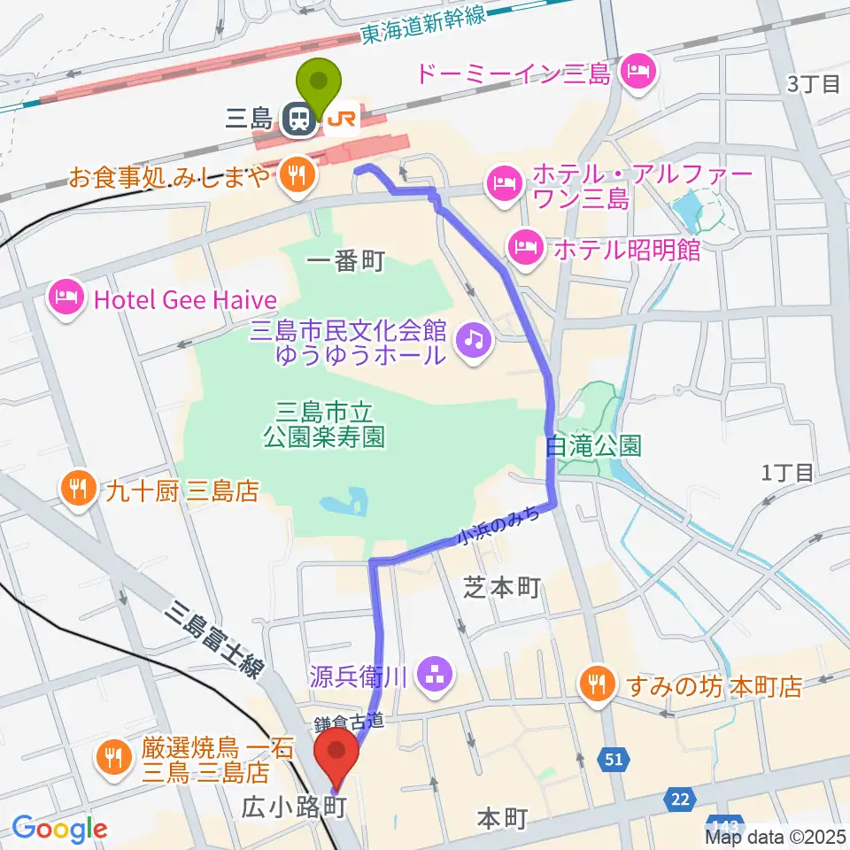 三島駅からSTUDIO O&K 三島店へのルートマップ地図