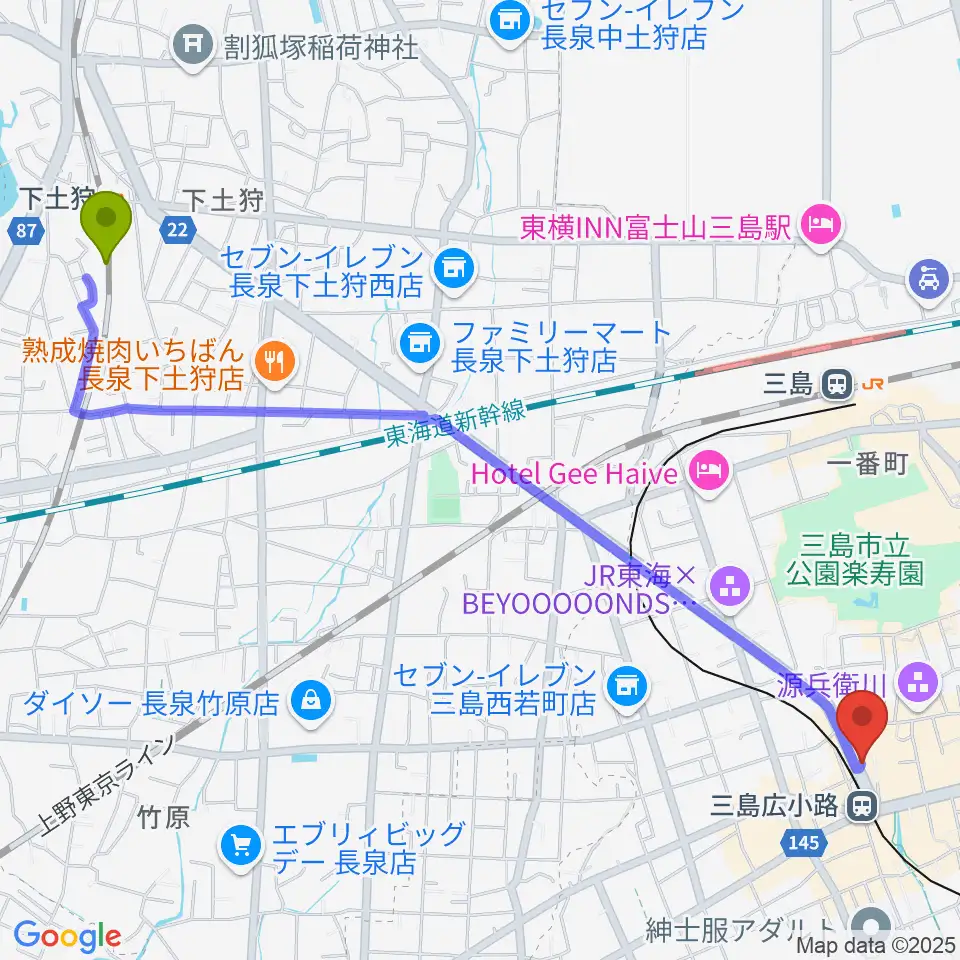 下土狩駅からSTUDIO O&K 三島店へのルートマップ地図