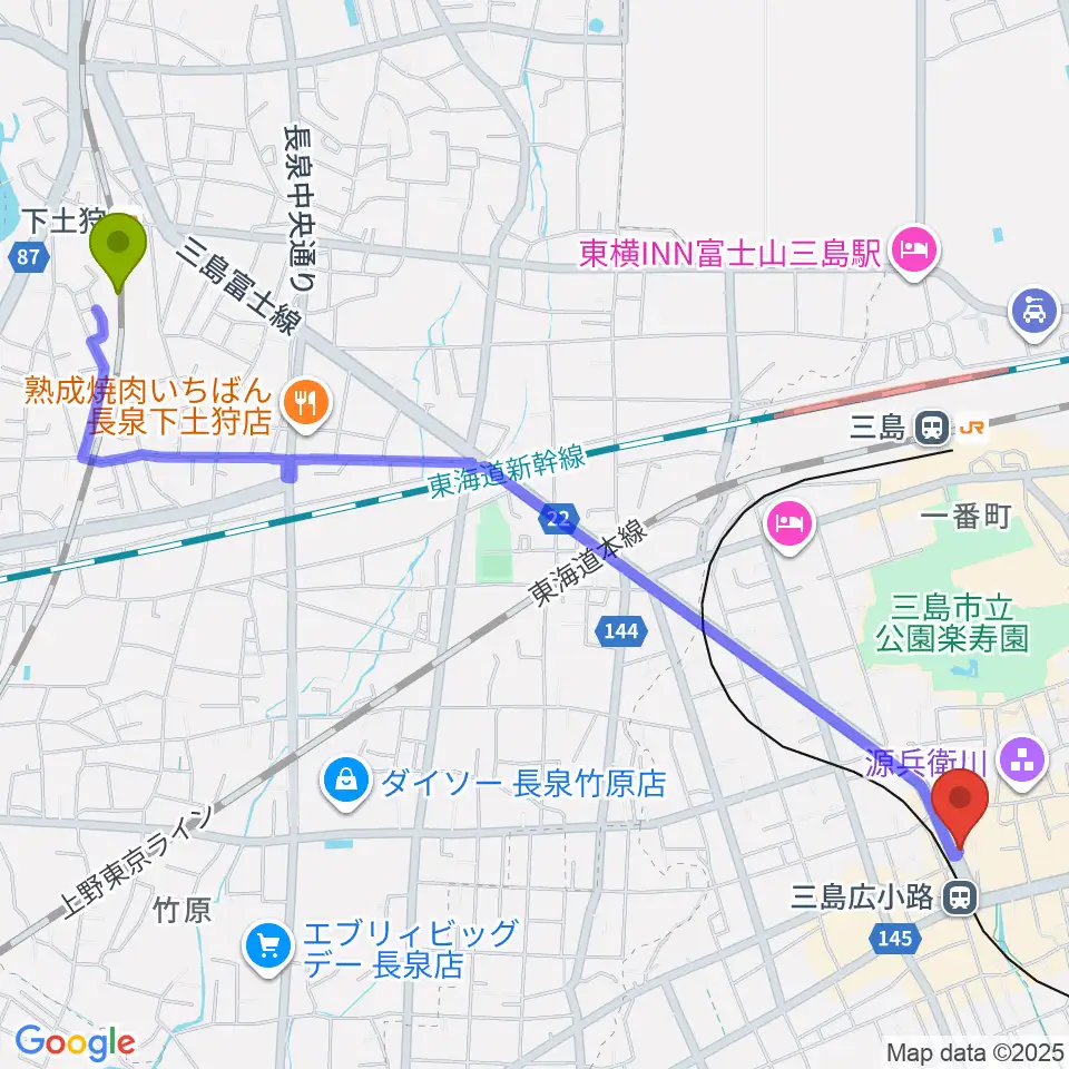 下土狩駅からSTUDIO O&K 三島店へのルートマップ地図