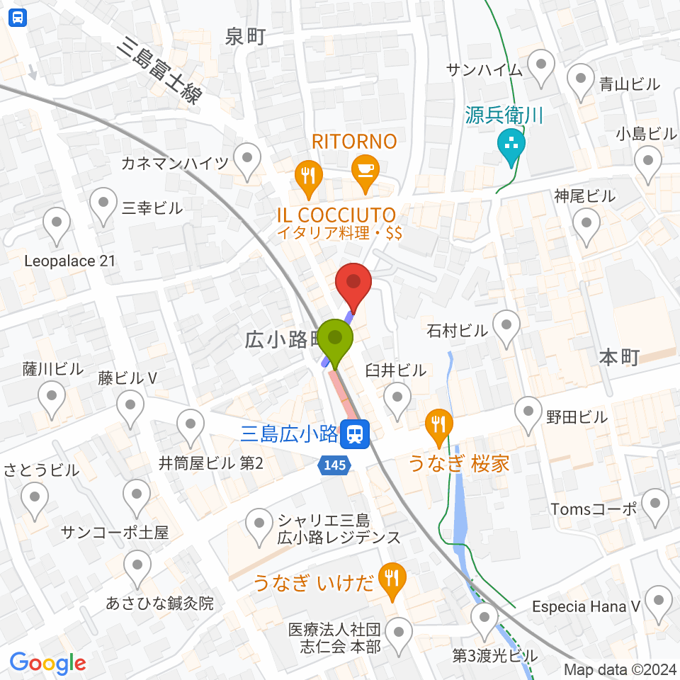 STUDIO O&K 三島店の最寄駅三島広小路駅からの徒歩ルート（約1分）地図