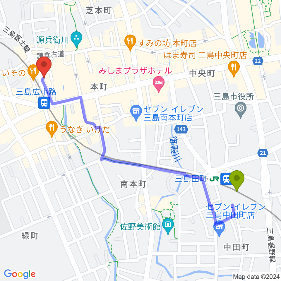 三島田町駅からSTUDIO O&K 三島店へのルートマップ地図