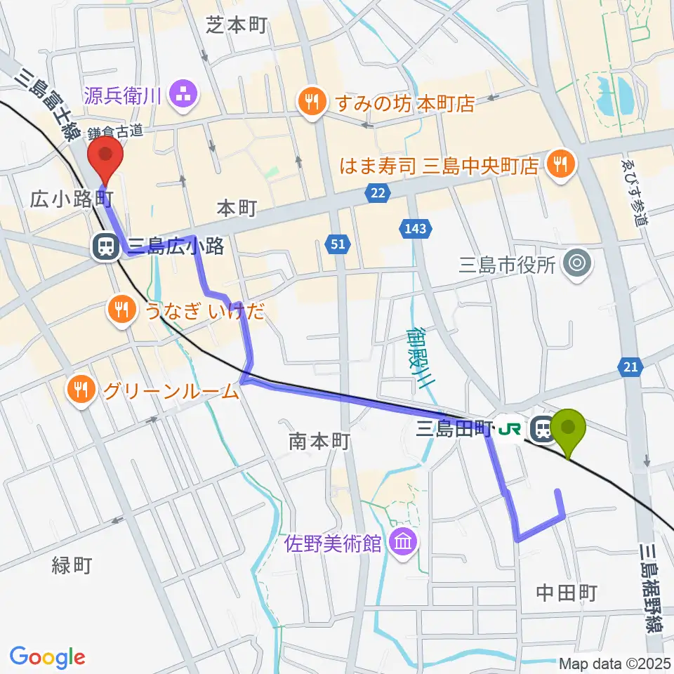 三島田町駅からSTUDIO O&K 三島店へのルートマップ地図
