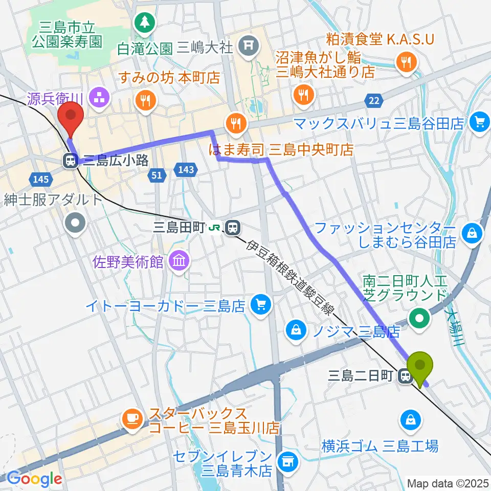 三島二日町駅からSTUDIO O&K 三島店へのルートマップ地図