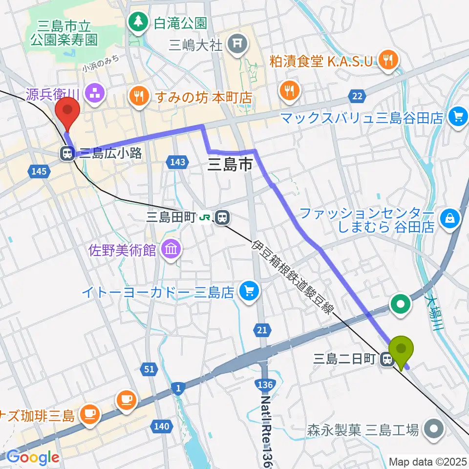 三島二日町駅からSTUDIO O&K 三島店へのルートマップ地図